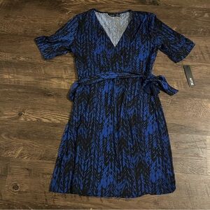 Bright Royal Blue & Black Patterned Women's Dress apt 9 NWT tie v-neck skirt